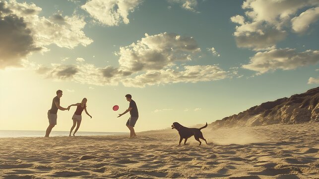 A photo of a young couple playing frisbee with their dog on a sandy beach.