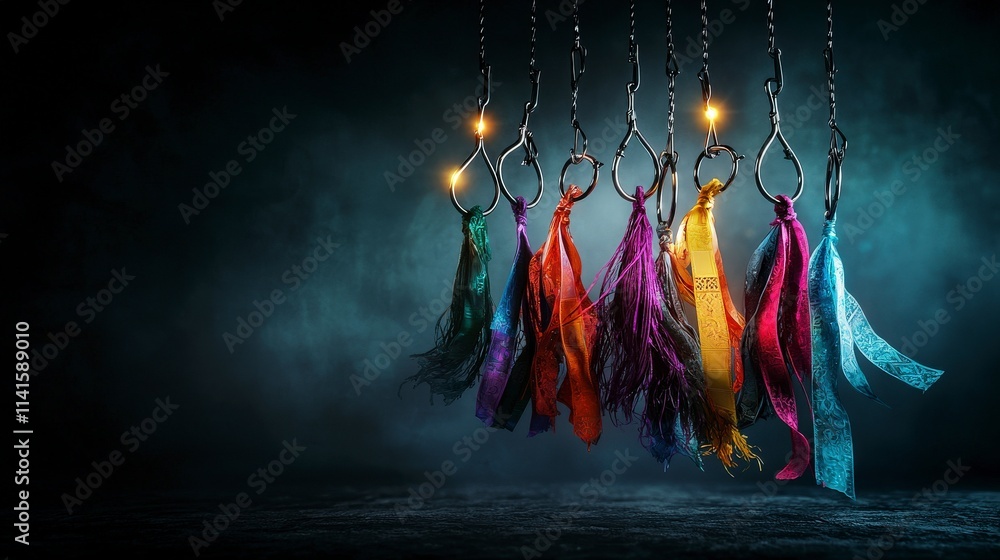 Poster suspended colorful hooks with glowing lights surreal scene artistic image dark environment close-up 