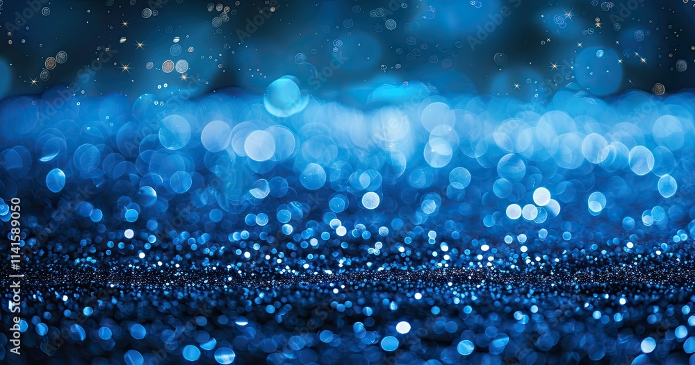 Poster a shimmering blue background with bokeh effects, ideal for digital design and presentations.