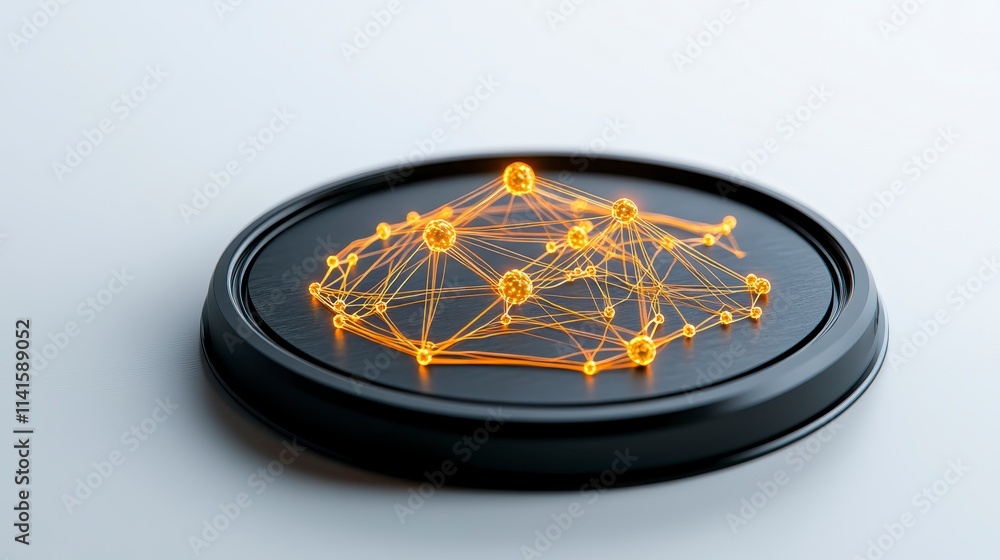 Poster a glowing network of nodes and connections displayed on a circular base, representing technology, co