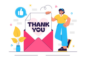 Thank You Vector Illustration Featuring a Letter in an Envelope, Perfect for Posters, Web Banners, Brochures, or Cards in a Flat Style Background