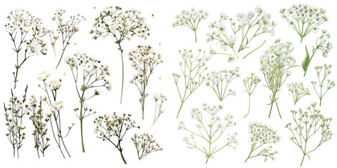 Gypsophila collection. Baby's breath plants, blooming flowers. Generative AI.