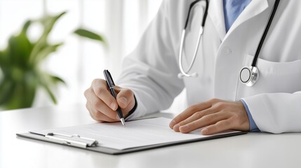 A doctor is writing medical notes on a clipboard, sitting at a table in a bright, clean medical room