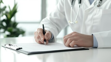 Fototapeta premium A doctor is writing medical notes on a clipboard, sitting at a table in a bright, clean medical room