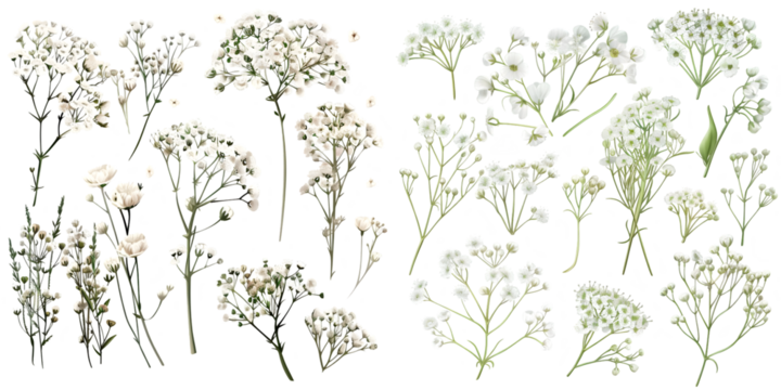 Gypsophila collection. Baby's breath plants, blooming flowers. Generative AI.