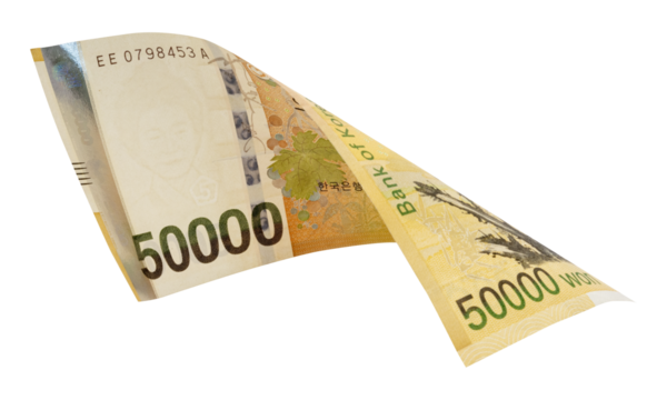 50000 South Korean won banknotes falling  isolated on white background, with clipping path