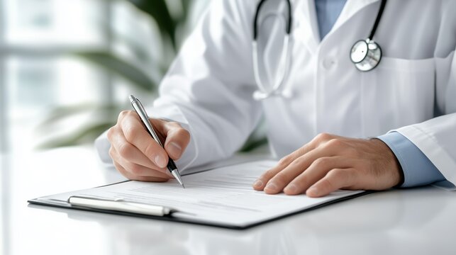 A doctor is writing medical notes on a clipboard, sitting at a table in a bright, clean medical room