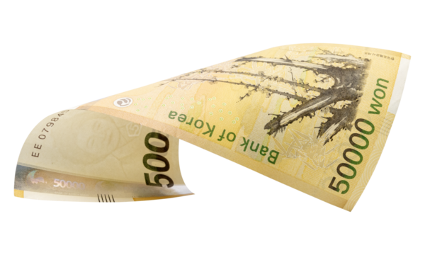 50000 South Korean won banknotes falling  isolated on white background, with clipping path
