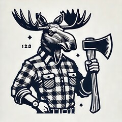 Fototapeta premium Moose character holding an axe in plaid shirt.