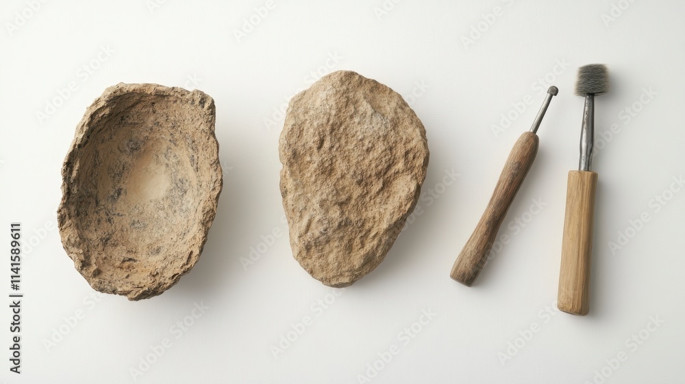 Aufkleber the image features two textured stone objects and two sculpting tools, suggesting a focus on stone c