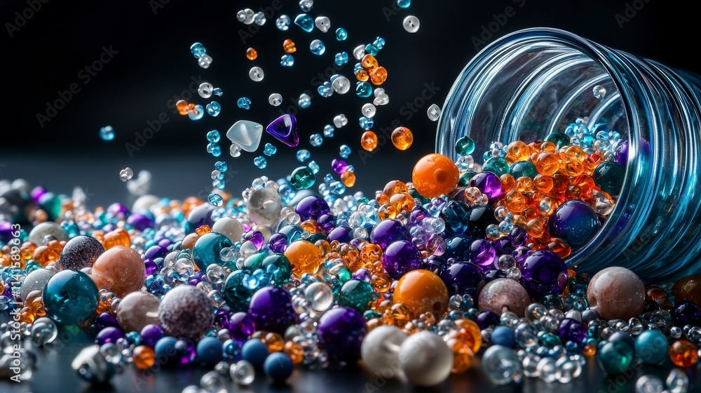 Poster beads spilling from open container creative studio photography dark environment close-up colorful ch