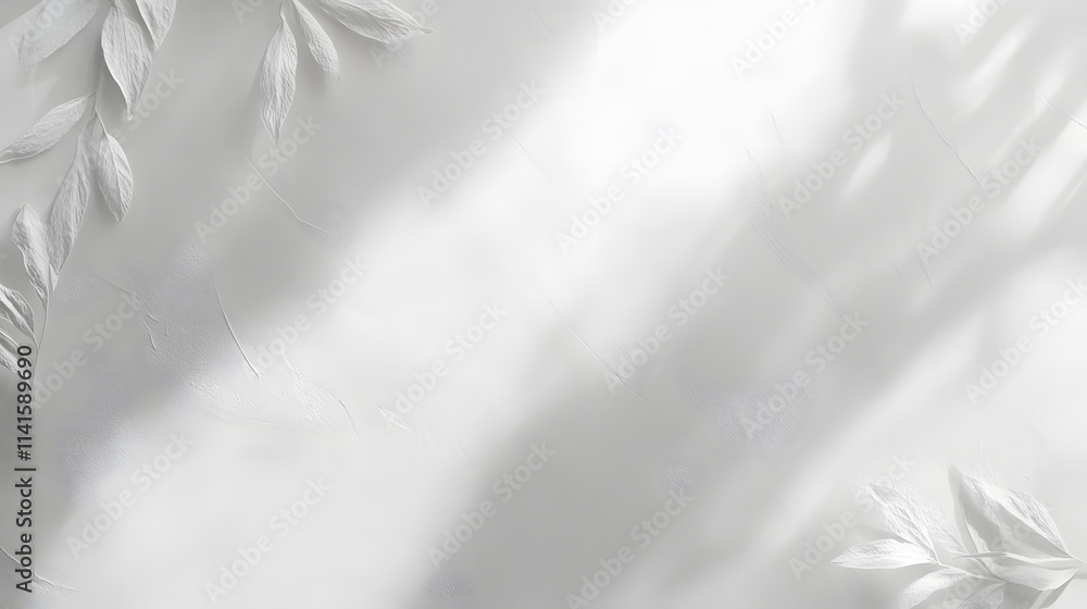 Poster textured white surface featuring soft light, leaf elements, and shadows, creating a peaceful and art