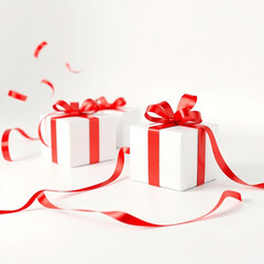 Gifts in white boxes, holiday design template. Gifts with red ribbons isolated on white. 