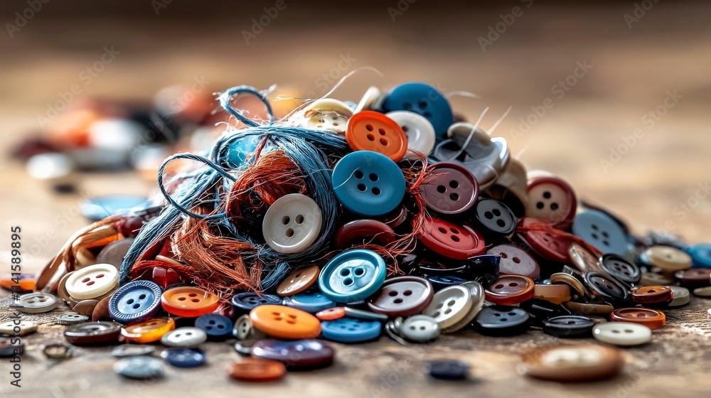 Aufkleber Abstract shapes of colorful buttons scattered on table artistic composition creative workspace close-up view