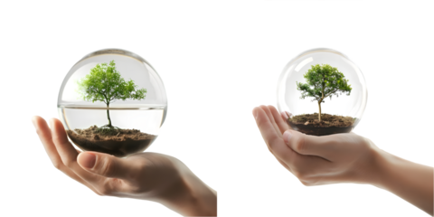 hand holding tree with half globe an d sunlight. concept eco earth day. Generative AI.