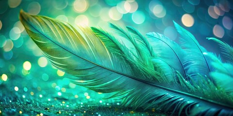 Obraz premium Vibrant Green Bird Feathers in Vintage Turquoise - Detailed Close-up Panoramic Photography