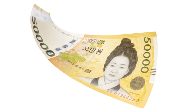 50000 South Korean won banknotes falling  isolated on white background, with clipping path