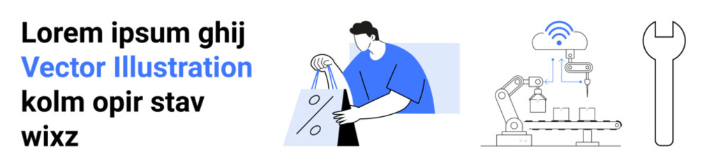 Man holding shopping bags, robotic arm assembling products, large wrench. Ideal for e-commerce, manufacturing, automation, shopping, technology industrial processes engineering. Landing page