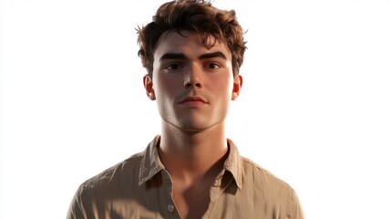 Serious Young Man, Beige Shirt, White Background, Portrait