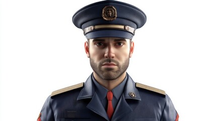 Serious Male Customs Officer Portrait, Formal Uniform, White Background