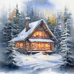 the AI Image Generator, Charming Snowy Cabin In Winter Forest