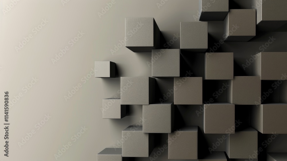 Poster a minimalist arrangement of 3d cubes creating a textured geometric pattern.