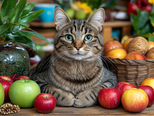 Tabby cat lying on a table surrounded by apples, fruits, and plants.