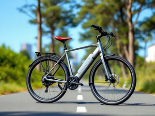 Modern Electric Bicycle on Scenic Forest Road, Eco-Friendly Urban Commuter E-Bike with Red Seat, Sustainable Transportation for Outdoor Adventures and Green Mobility