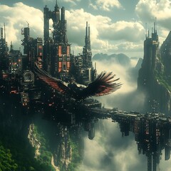 Naklejka premium Futuristic Cityscape Imagination Alien Metropolis Surreal Architecture in Digital Landscape