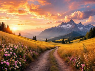 Scenic Mountain Landscape at Sunset with Golden Fields and Wildflowers, Winding Path Leading to Majestic Peaks, Serene Nature Scene for Travel, Adventure, and Relaxation