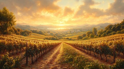 Fototapeta premium Sunset vineyard path, golden hills, idyllic landscape.