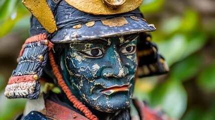 Obraz premium Ancient Japanese Samurai Warrior Mask Figurine with Ornate Armor and Sword