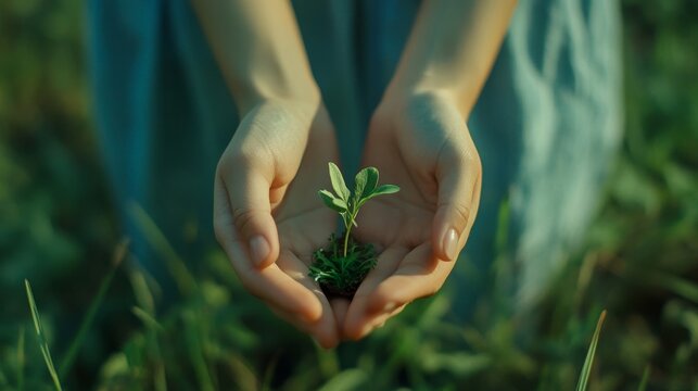 Celebrating earth day with women s hands nurturing a green sprout in vibrant lush grass