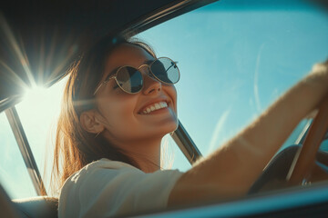 woman is driving a car with her sunglasses on and is smiling. Scene is happy and carefree