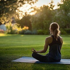 A photo of a woman meditating on a yoga mat in a peaceful garden at dawn. 