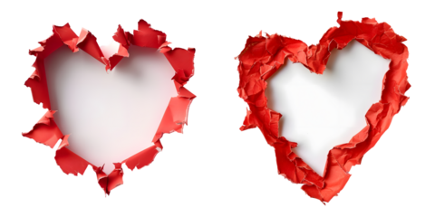 Heart shaped red hole torn through paper isolated on a white background. Generative AI.