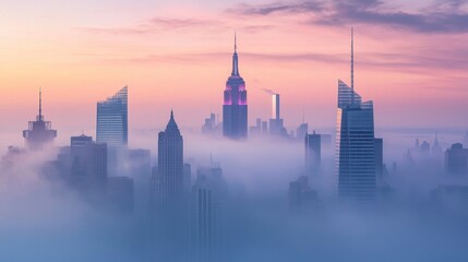 Obraz premium NYC Skyline at Dawn, Foggy Cityscape, Pink Sky