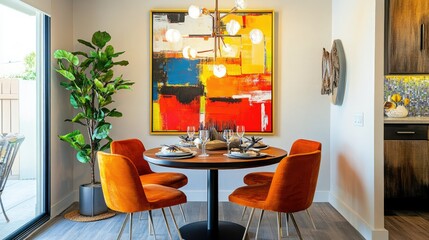 A stylish dining space showcasing colorful wall art, warm tones, and natural elements for a lively, welcoming vibe.
