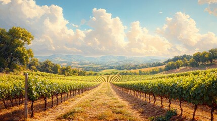 Fototapeta premium Sunlit vineyard path, rolling hills, idyllic landscape.