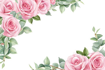 Watercolor pink roses and green eucalyptus corner border isolated on white background PNG.AI GENERATED