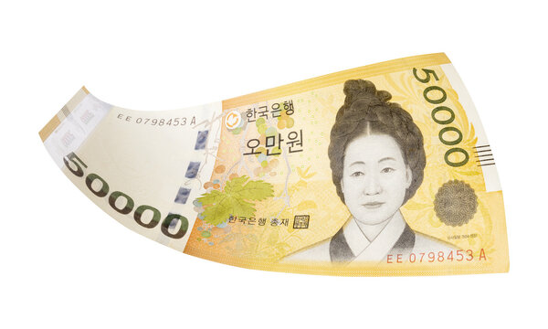 50000 South Korean won banknotes falling  isolated on white background, with clipping path