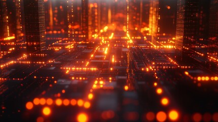 Fototapeta premium Abstract Sci-Fi Cityscape with Orange Circuit Lights - Made with Generative AI