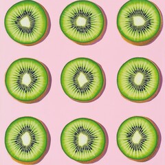 Fototapeta premium Nine Kiwi Slices on Pink Background - Cheerful Fruit Pattern