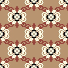 White and brown floral design embroidery, motif ethnic ikat seamless textile illustration, print striped ornament, pattern, design for wrapping, silk, scarf, clothing, textile, carpets, curtains.