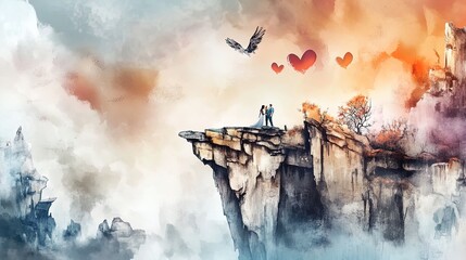 Fototapeta premium romantic sunset over scenic mountains: a perfect poster for your adventure-inspired space, featuring a couple and heart-shaped clouds to inspire love and wanderlust!