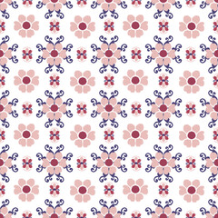 Red, blue, and white floral embroidery, motif ethnic ikat seamless textile illustration, print striped ornament, pattern, design for wrapping, silk, scarf, clothing, textile, carpets, curtains.