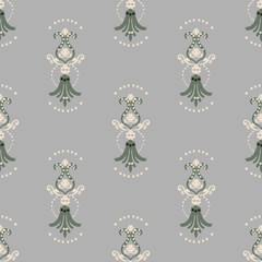 Green, cream, and grey design embroidery, motif ethnic ikat seamless textile illustration, print striped ornament, pattern, design for wrapping, silk, scarf, clothing, textile, carpets, curtains.