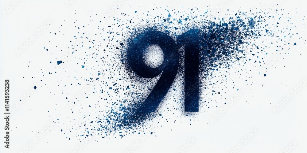 Poster logo vector of the number '91' disintegrating into particles and large pixels, displayed on a white 