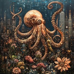 Fototapeta premium Octopus Emerging from Surreal Underwater City Skyline at Night