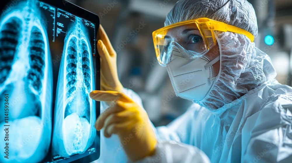 Poster a woman in a lab coat is pointing at a ct scan of a person's lungs